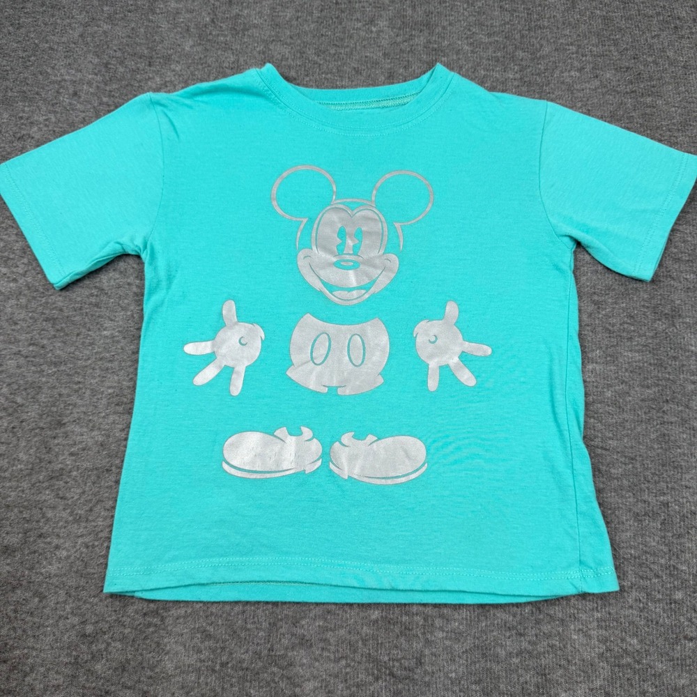 Disney Mickey Mouse T-Shirt Kids 5/6 Teal Silver Metallic‎ Graphic Tee